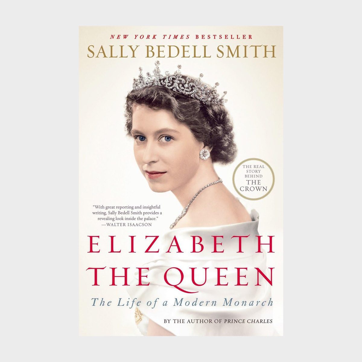 A woman, wearing a jeweled tiara, gazes leftward, adorned in elegant attire. The book title is "Elizabeth the Queen: The Life of a Modern Monarch."