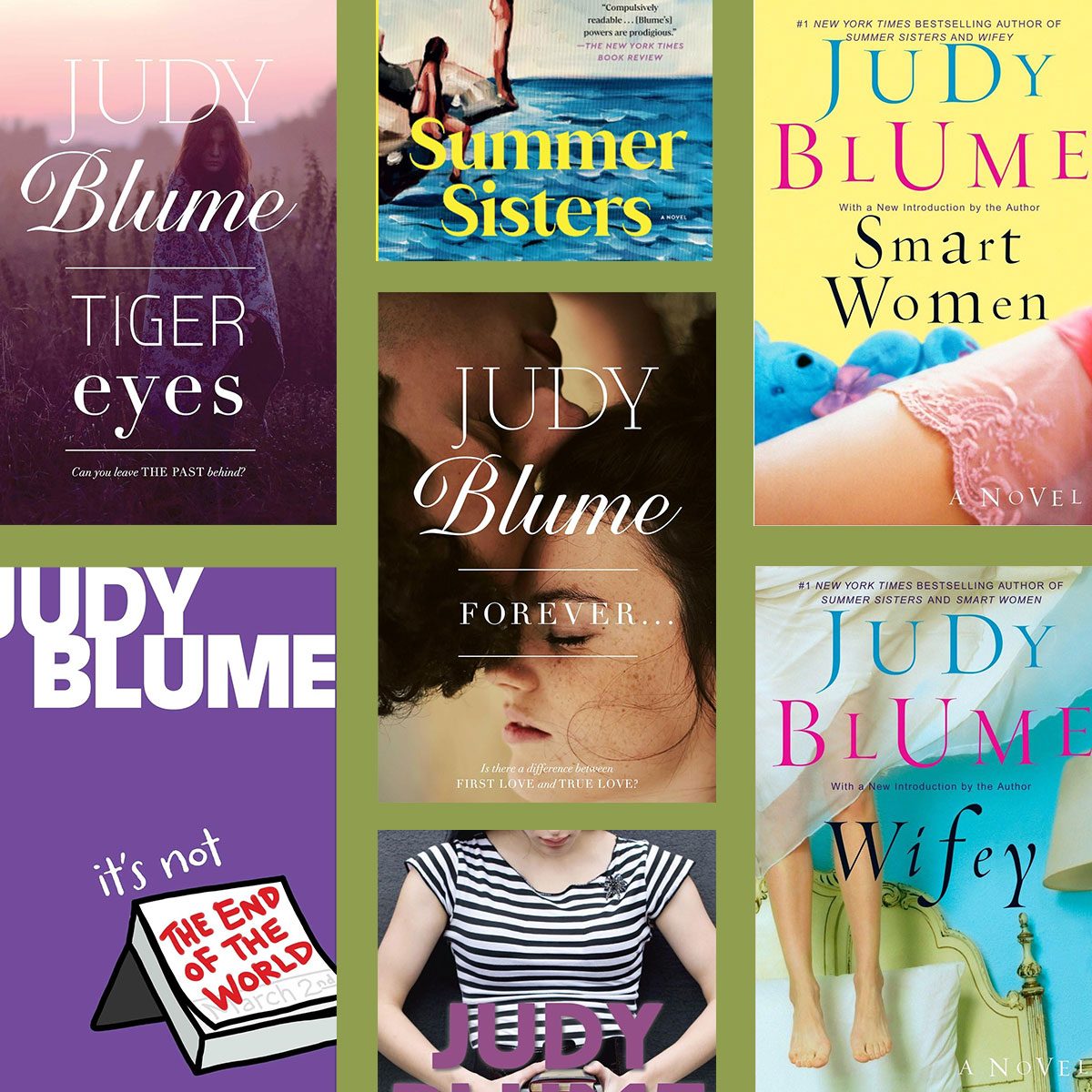 Book covers displayed in a grid, showcasing Judy Blume's titles like "Tiger Eyes," "Summer Sisters," and "Forever," with varied imagery and typography.