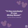 Text displays a greeting from Mickey Mouse on a purple background with mouse-ear silhouettes scattered around.