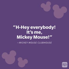 Text displays a greeting from Mickey Mouse on a purple background with mouse-ear silhouettes scattered around.