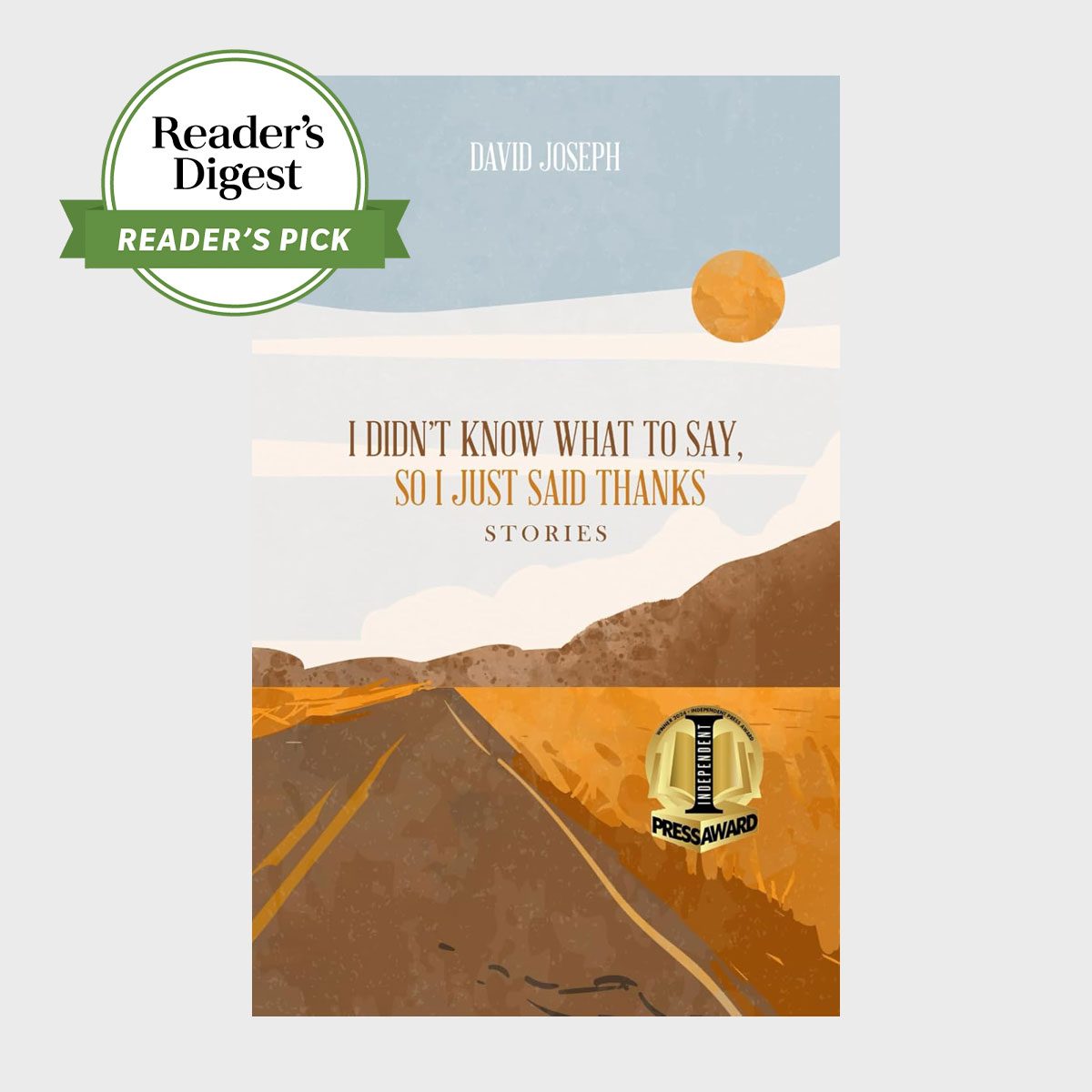 Book cover features a desert road leading towards hills under a sun, labeled "I Didn't Know What to Say, So I Just Said Thanks."