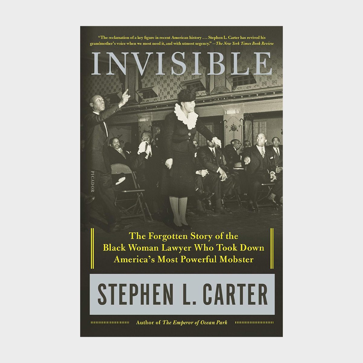 A standing woman wears a 1940s outfit; spectators sit around her in a crowded room. Text: "INVISIBLE" by Stephen L. Carter.