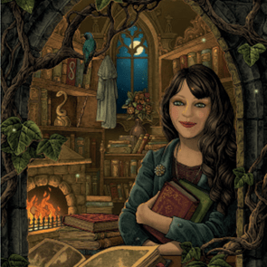 A woman holding books smiles in a cozy, vine-framed library with a fireplace, surrounded by shelves and a perched bird.