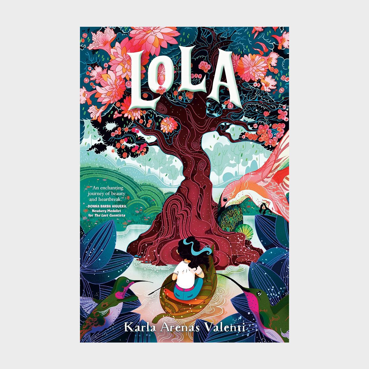A girl paddles a small boat beneath a large, vibrant tree surrounded by colorful birds and lush foliage. Text: "LOLA," "Karla Arenas Valenti."