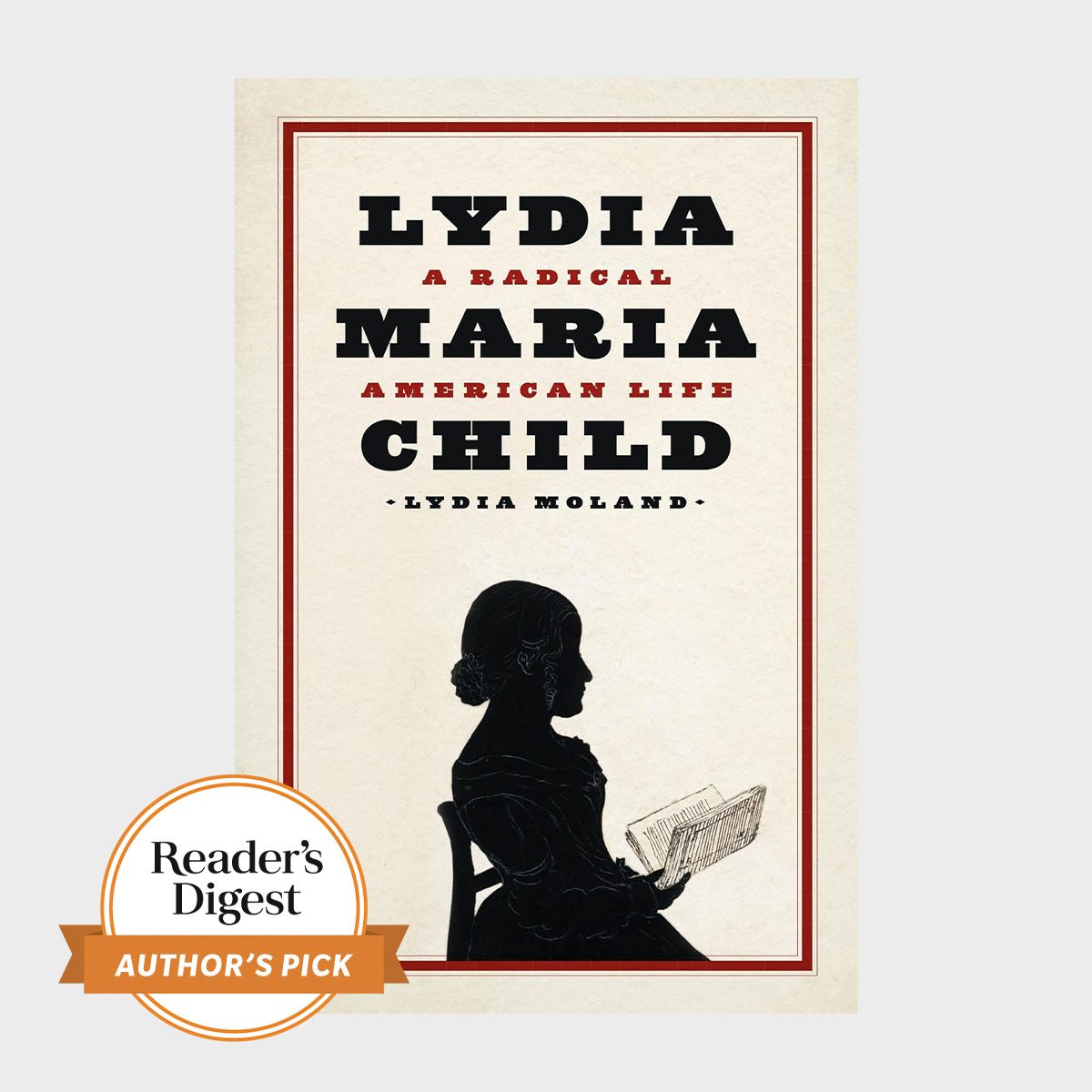 Silhouette of a woman reads a book, framed by bold text. The Reader's Digest Author's Pick badge is in the corner.