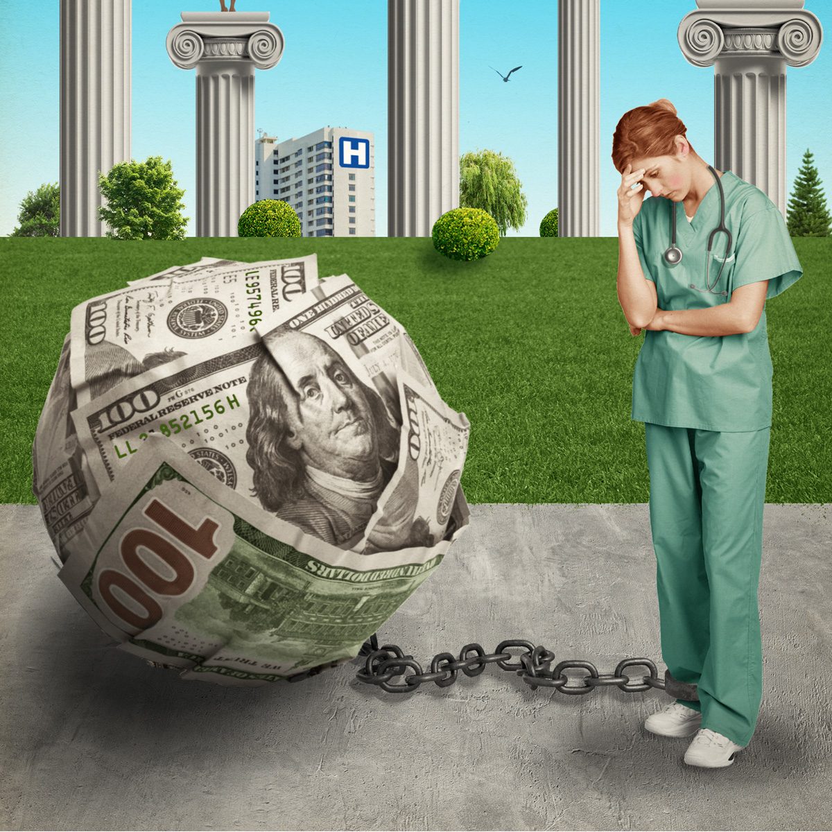 A doctor, wearing scrubs, stands stressed, chained to a massive ball of money, with a hospital and columns in the background.