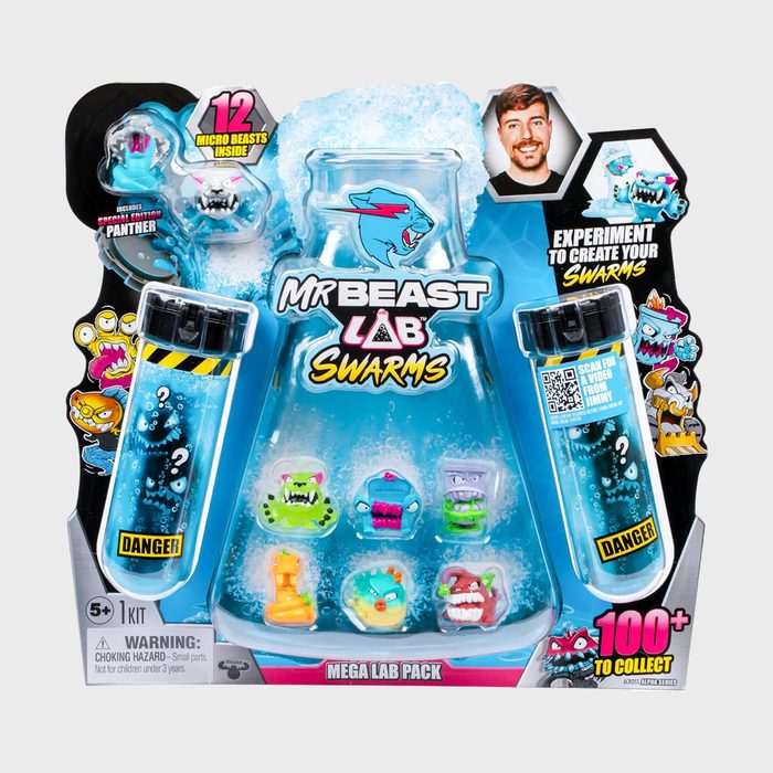 Toy set features colorful monster figures displayed in packaging; labeled 