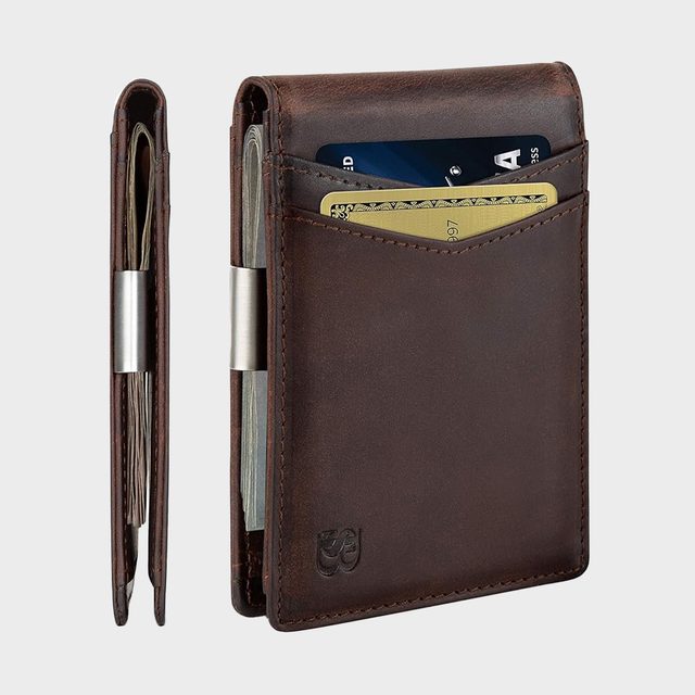 Brown leather wallet holding credit cards and cash, shown open and closed, against a plain background.