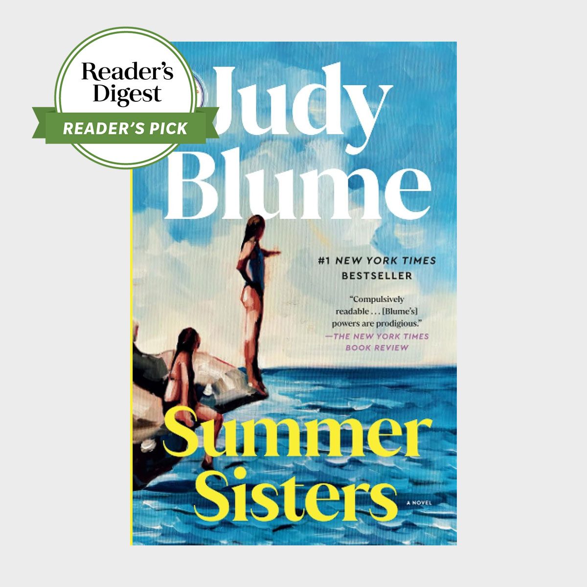 Book cover shows two people standing on rocks at the seaside under a blue sky. Text: "Judy Blume, Summer Sisters, Reader's Digest Pick."