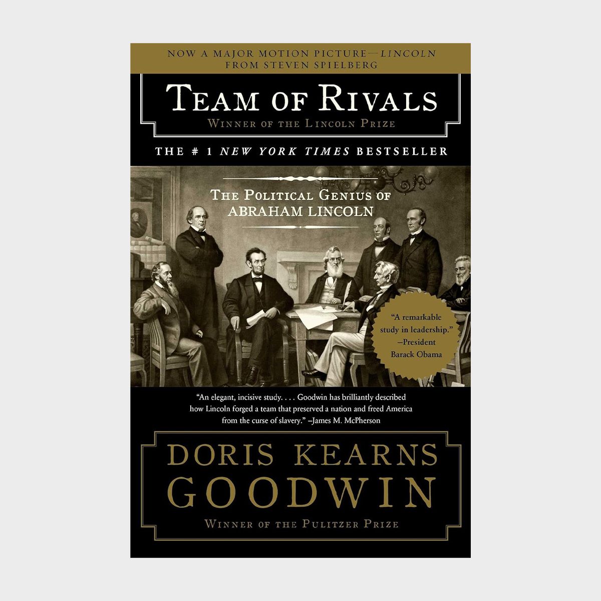 Book cover features historical figures seated and standing, engaged in discussion. Prominent text: "Team of Rivals" by Doris Kearns Goodwin, "The Political Genius of Abraham Lincoln."
