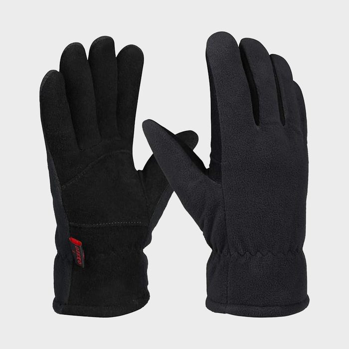 Black gloves displayed upright on a neutral background; one glove facing palm-side, the other back-side with visible stitching and a small red tag.