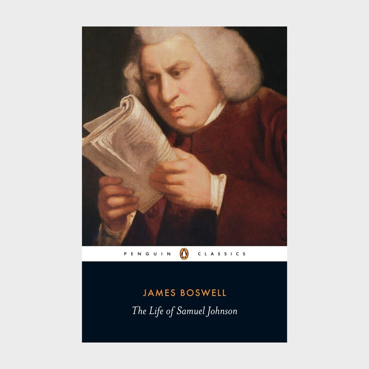 A person scrutinizes a book, wearing a curly white wig, in a vintage setting. Text reads: "PENGUIN CLASSICS, JAMES BOSWELL, The Life of Samuel Johnson."