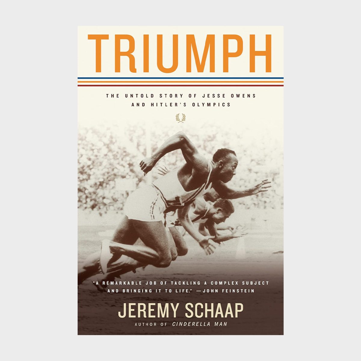 The book cover shows sprinters running in a stadium, titled "TRIUMPH" by Jeremy Schaap, about Jesse Owens and Hitler's Olympics.