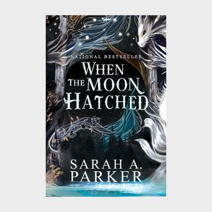 Book cover depicts mythical creatures swirling; stars and architecture enhance fantasy ambiance. Text reads: 