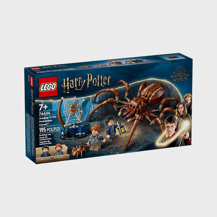 LEGO set box featuring a giant spider model with minifigures, set in a Forbidden Forest scene; includes 