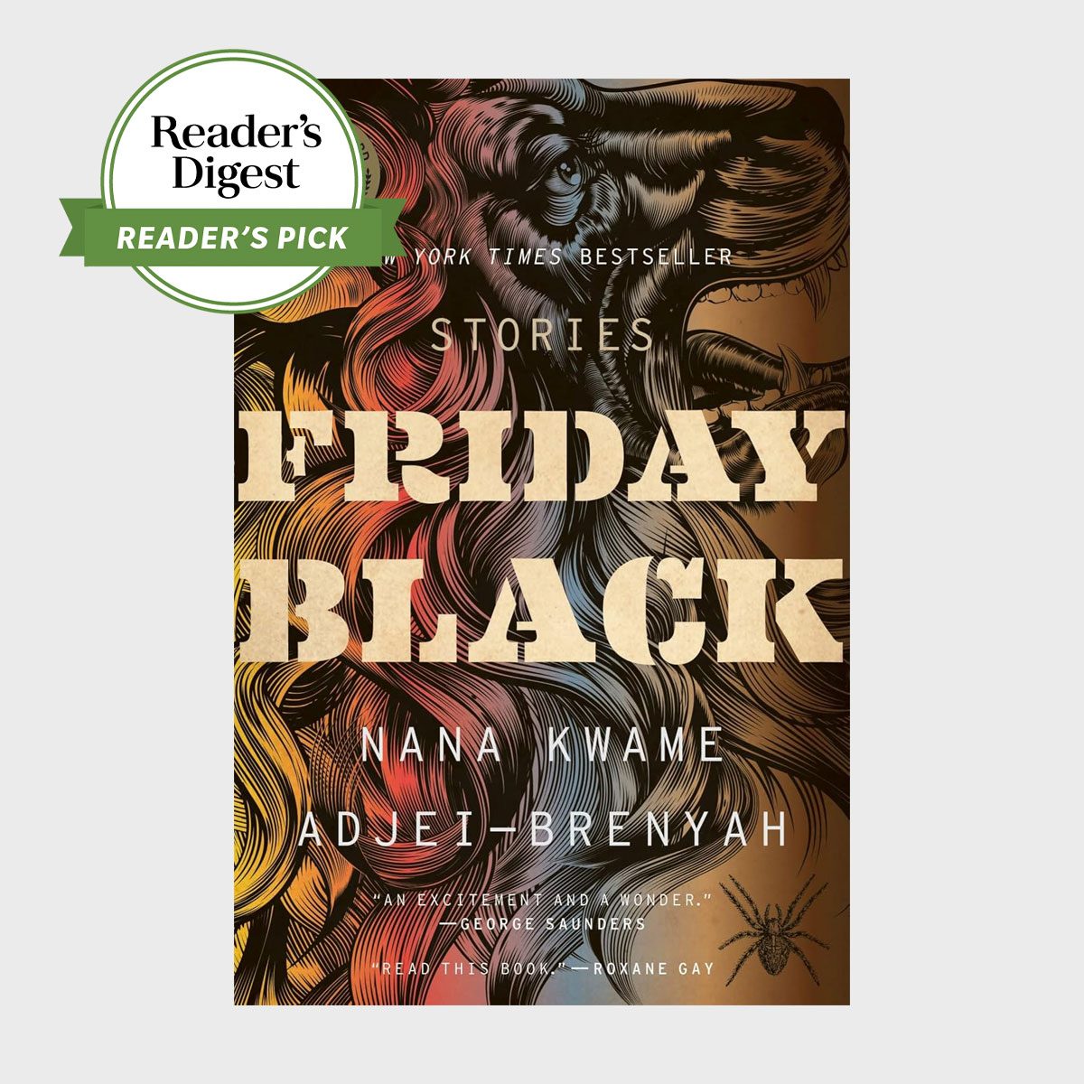 Book cover displays bold text "FRIDAY BLACK" over colorful, intricate illustration; features Reader's Digest "Reader's Pick" badge in upper left corner.