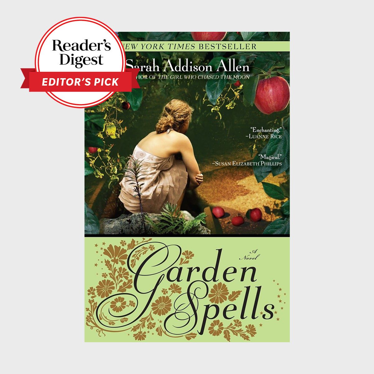 A woman sits near a garden pool surrounded by lush foliage and apples. Text: "Garden Spells" by Sarah Addison Allen. "Reader's Digest Editorâ€™s Pick."