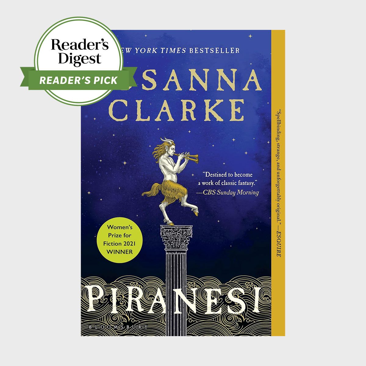A faun plays trumpet atop a column under stars. Book cover text includes â€œSusanna Clarke,â€ â€œPiranesi,â€ â€œNew York Times Bestseller,â€ and â€œWomenâ€™s Prize for Fiction 2021 Winner.â€