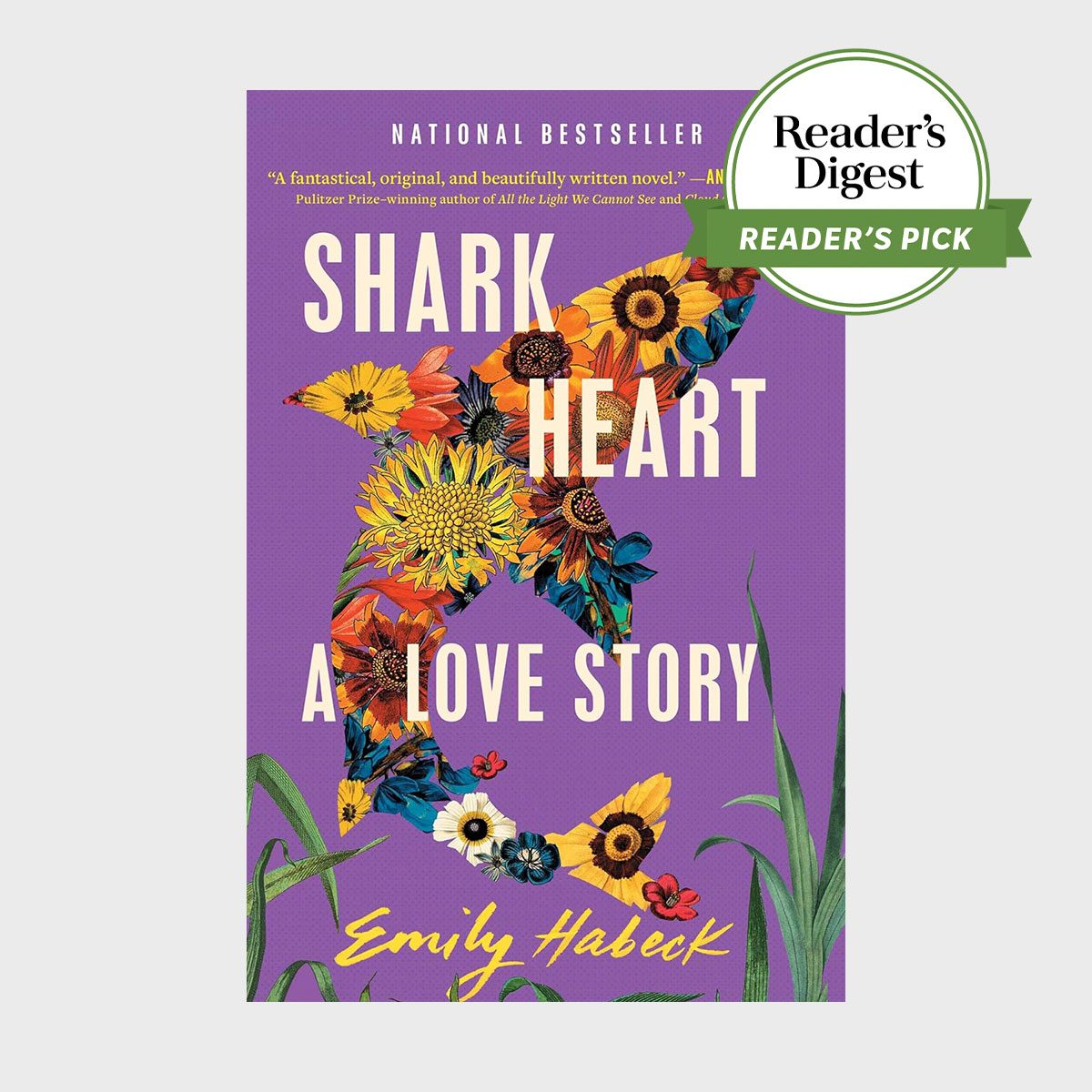 Book cover features shark composed of colorful flowers, set against a purple background with text: "Shark Heart: A Love Story" by Emily Habeck.