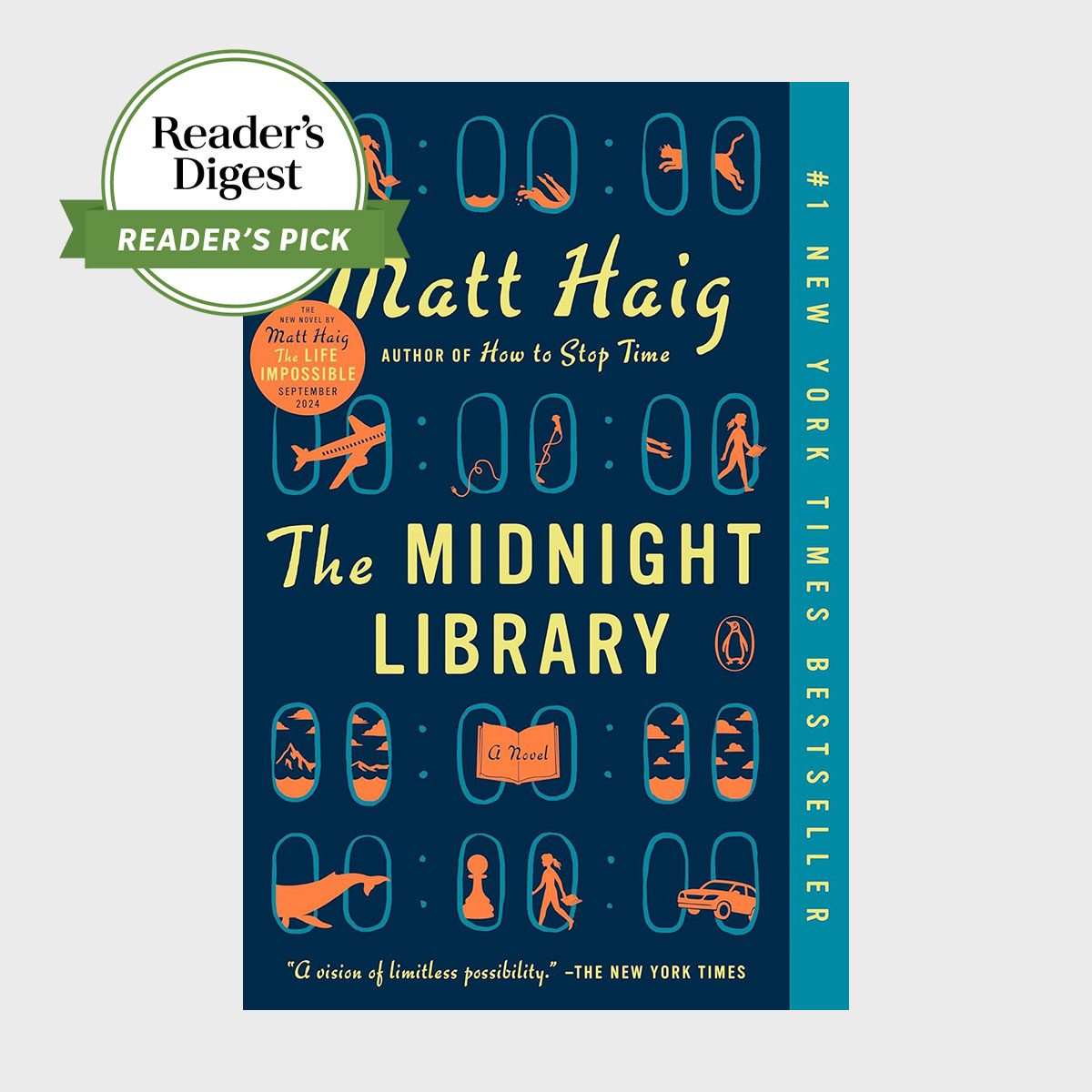 Book cover shows "The Midnight Library" with various illustrated windows, featuring objects and figures. Includes "Reader's Digest" stamp as "Reader's Pick."