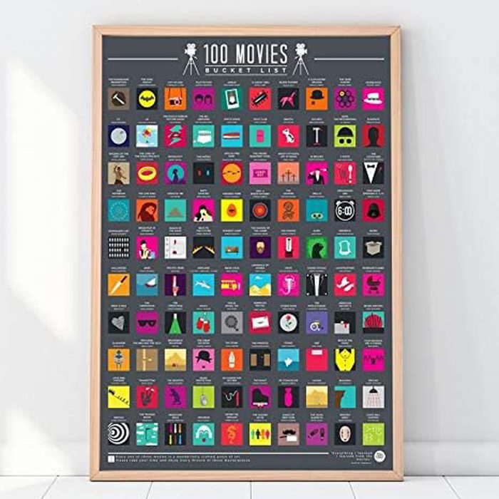 Poster displays 100 colorful movie icons arranged in a grid, titled 