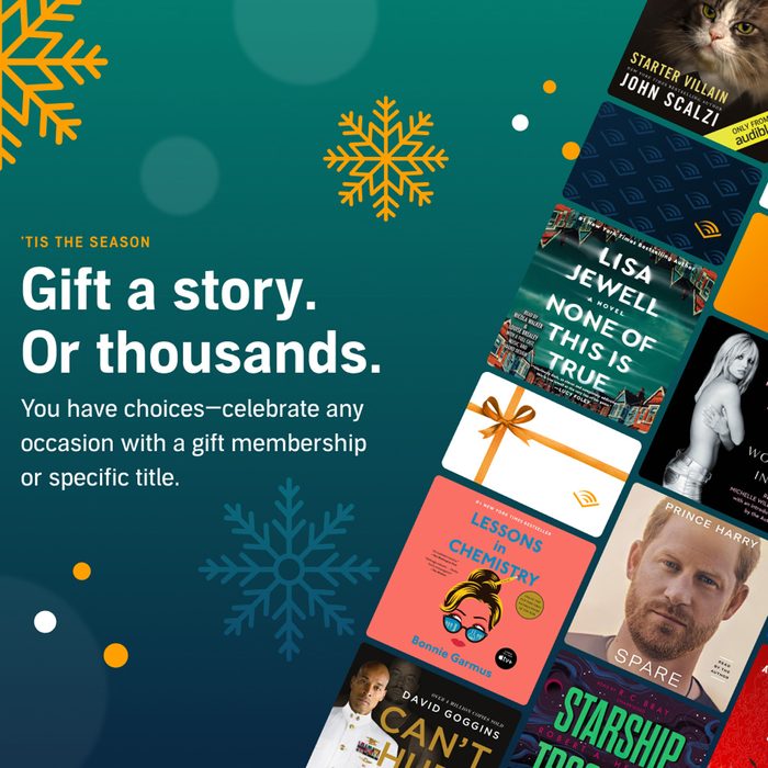 Text promotes gifting books, featuring snowflakes and various book titles like 