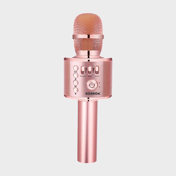 Rose gold microphone with buttons for mode, volume, echo, music; labeled 