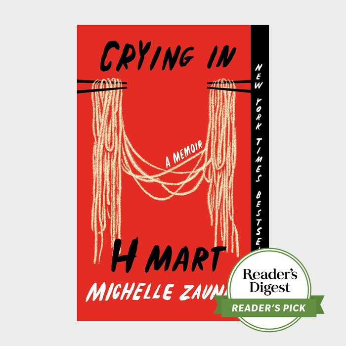 Book cover shows noodles hanging from two black lines. The red background features the text 