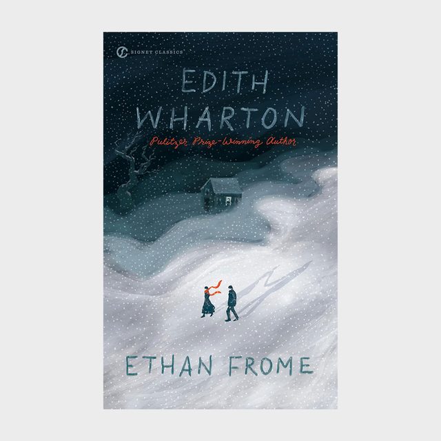 Two figures walk through snow; one wears an orange scarf. A small house sits in the snowy, dark background. Text reads 