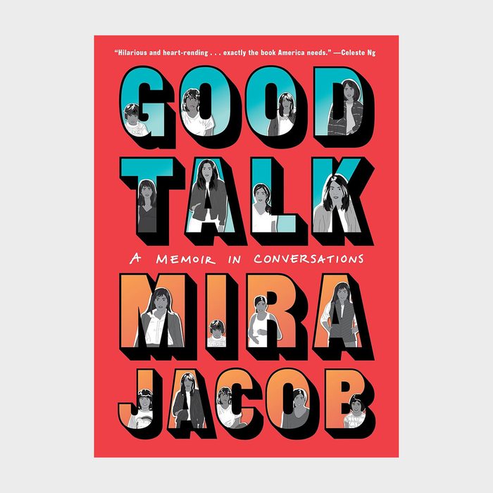 Book cover features large, bold letters containing cartoon figures on a red background; text reads 