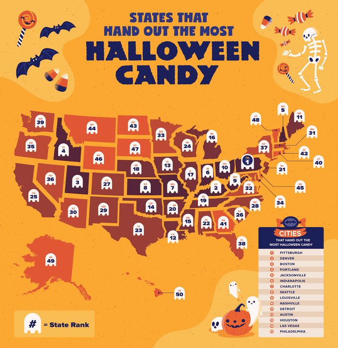 US map of states that hand out the most Halloween candy.