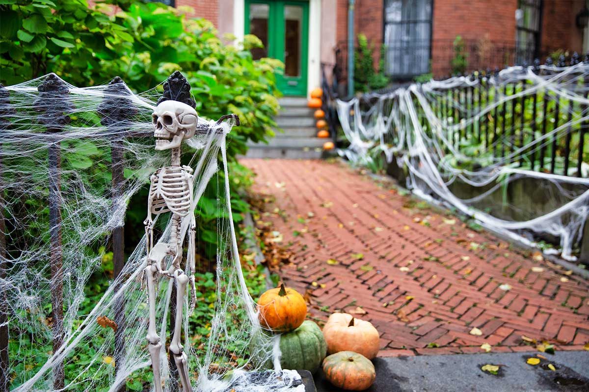 Skeleton and spiderweb decor for Halloween.