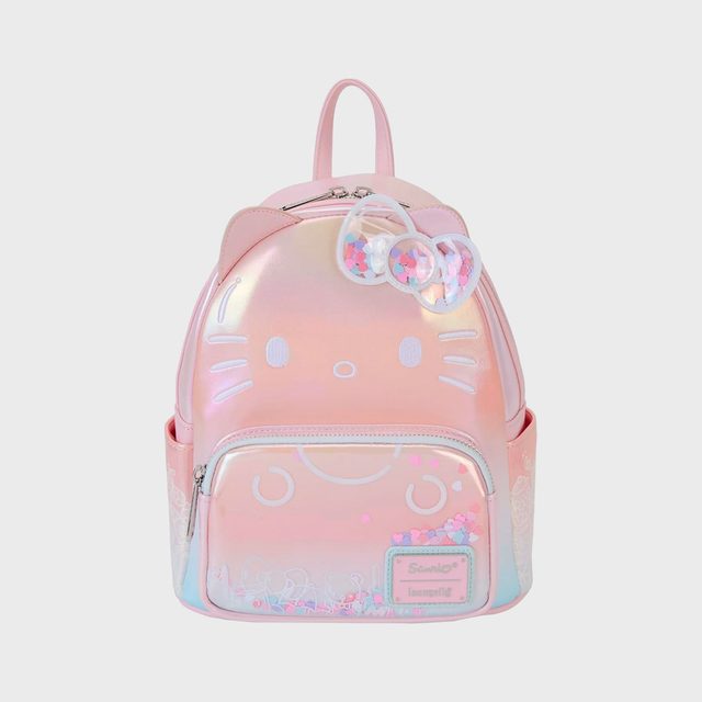 Backpack features a pastel pink gradient, with a cat face design. It has a front pocket, heart-shaped sequins, and 