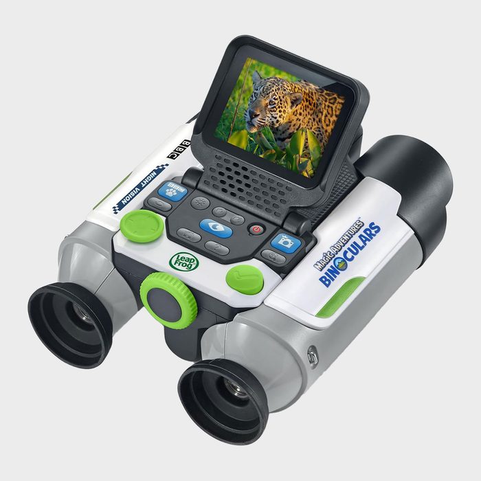 Binoculars display an image of a jaguar; surrounded by activity buttons and labeled 