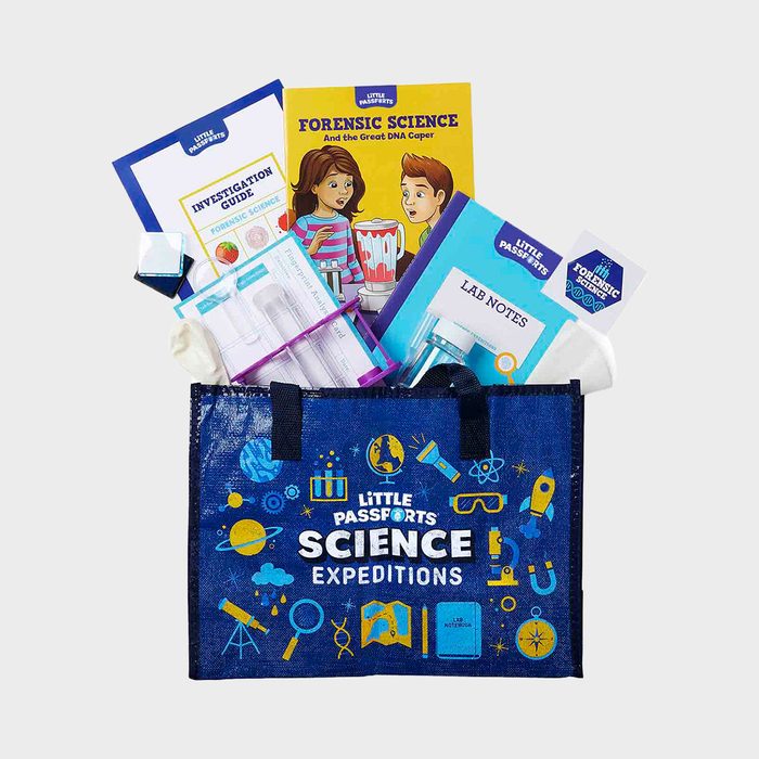 A blue tote bag holds science books and lab materials, surrounded by educational graphics, promoting 
