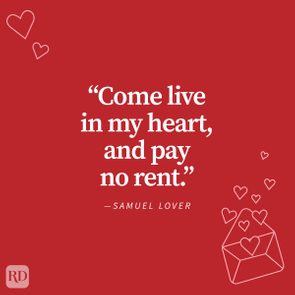 Quotation text on red background states, â€œCome live in my heart, and pay no rent.â€ Surrounded by small, illustrated hearts and an envelope.