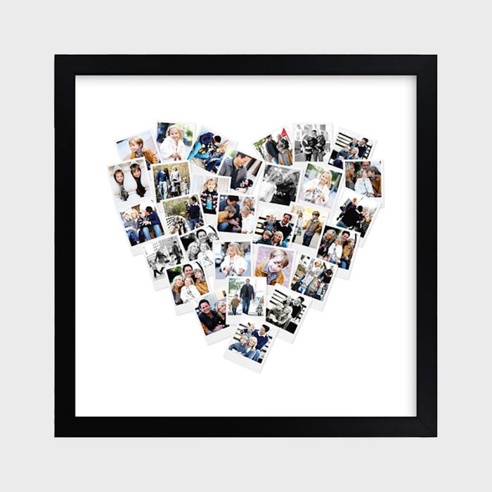 Photos form a heart shape, displayed in a black frame on a plain background. The images feature various people and scenes.