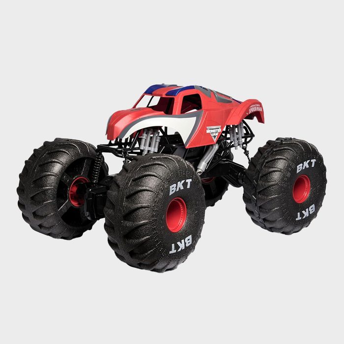 Monster truck stands, displaying large wheels labeled 