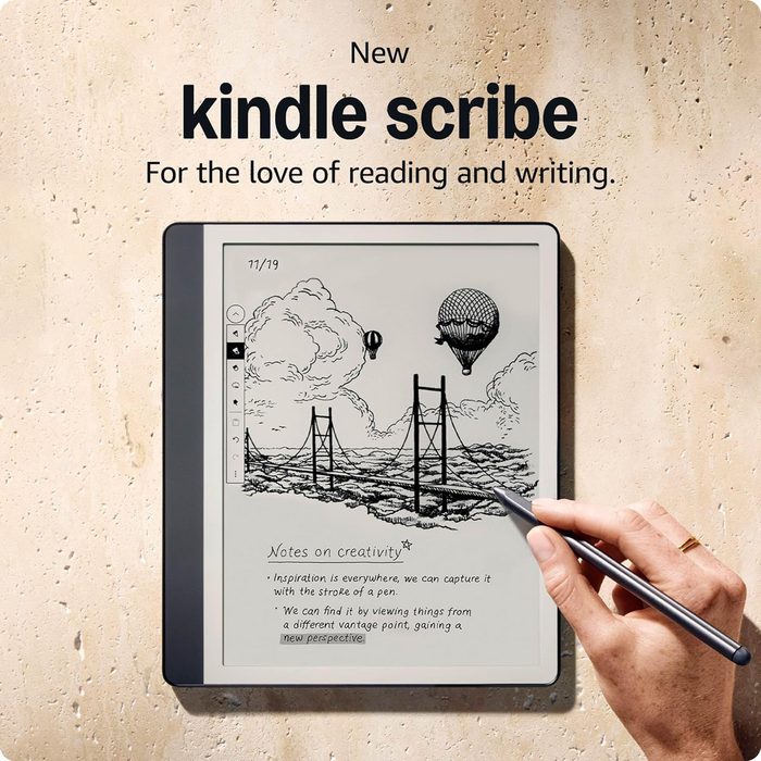 Tablet displays drawing and handwriting; a hand uses a stylus. Text: 