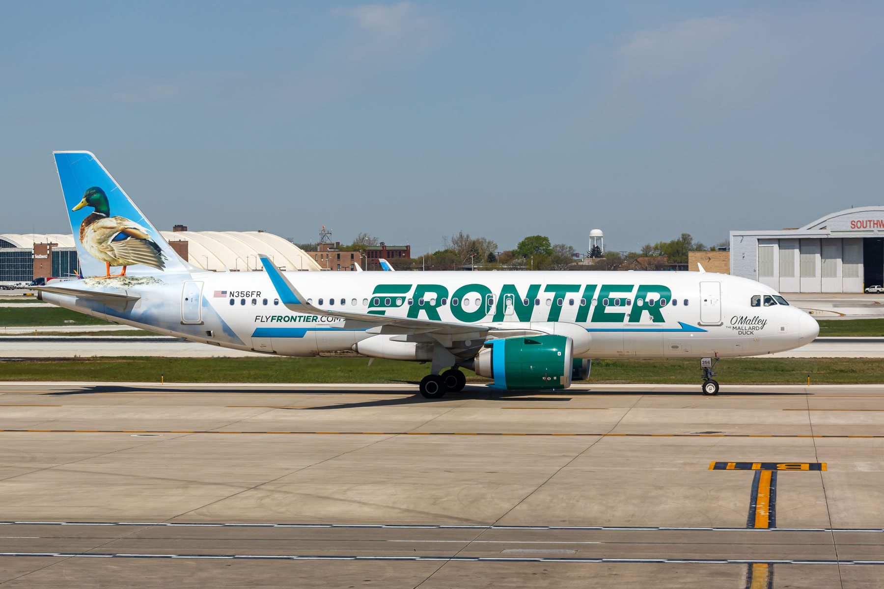 Frontier Airlines Airbus A320neo airplane at Chicago Midway Airport (MDW) in the United States.