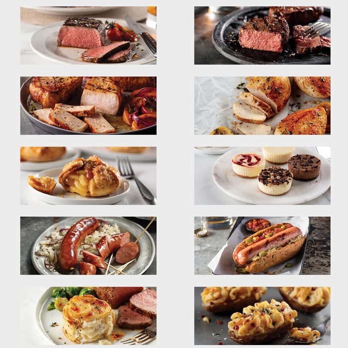 Various dishes displayed, including steak, chicken, pie, sausages, and desserts, arranged on plates in a culinary presentation setting.