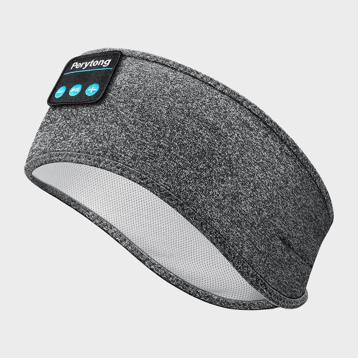 Gray fabric headband featuring wireless controls, displayed against a plain white background.