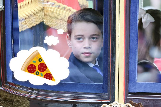 Prince George looking out the window of a vehicle. Overlay of a thought bubble with a slice of pizza.