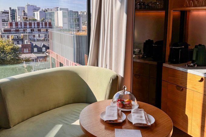 hotel room interior with a view of the city