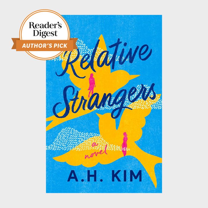 Book cover displays yellow birds and pink silhouettes against a blue background, with 