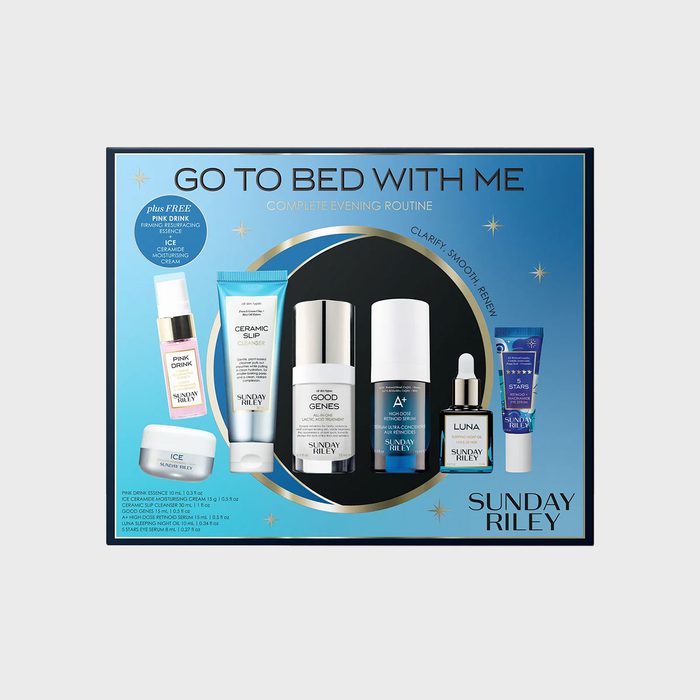 Skincare products displayed, arranged in a box, featuring bottles and tubes. Text includes 