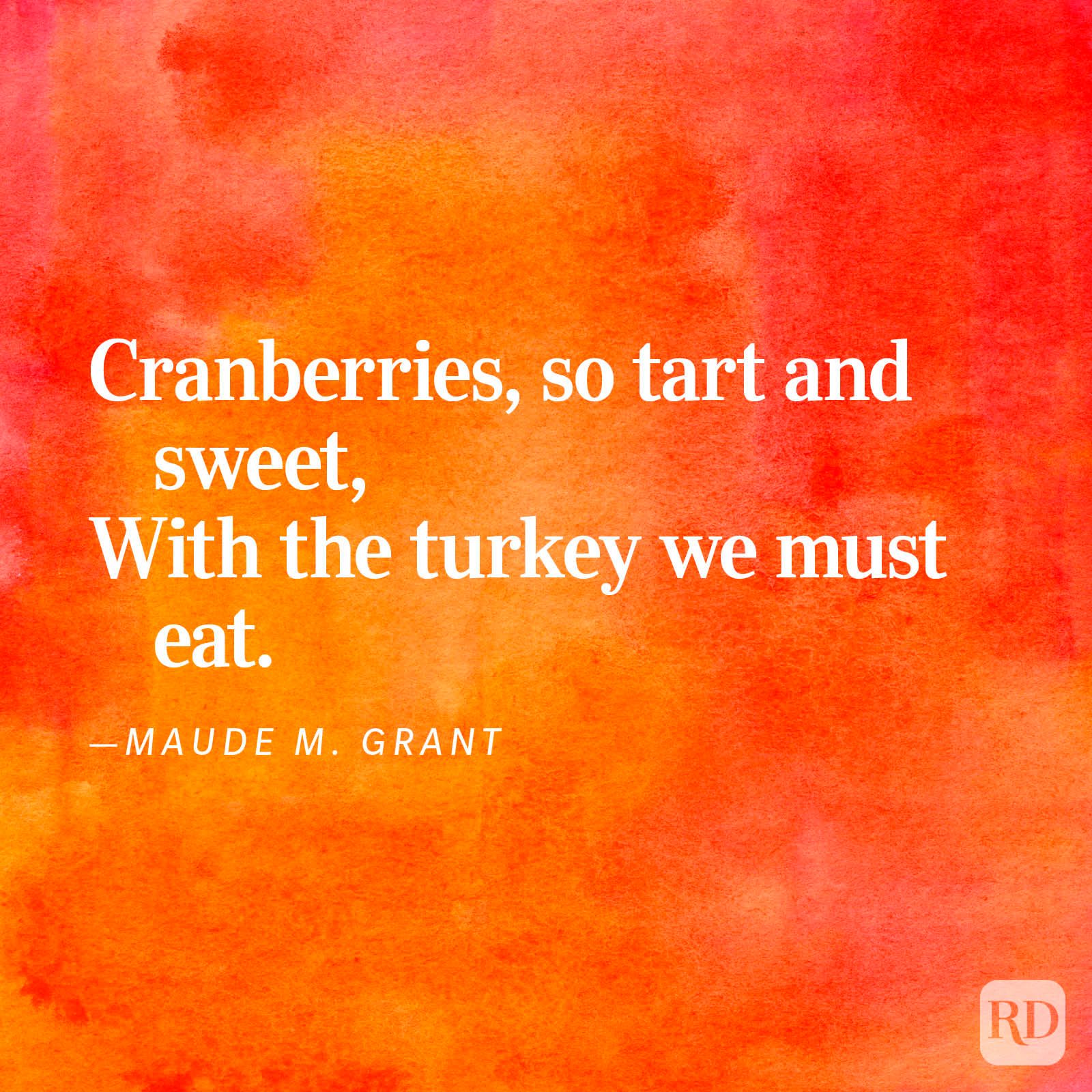 Text on a vibrant orange-red background describes cranberries and turkey, attributed to Maude M. Grant.