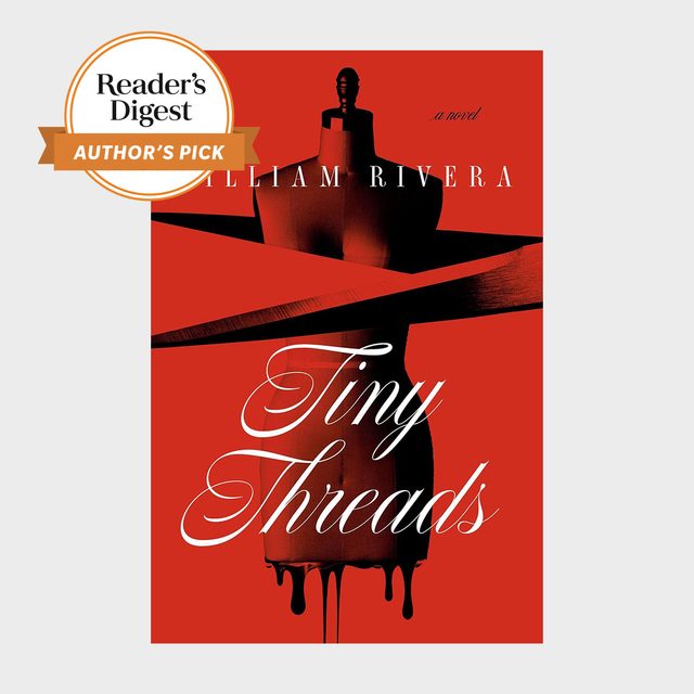 Mannequin stands wrapped in ribbon; red drips below. Text: 