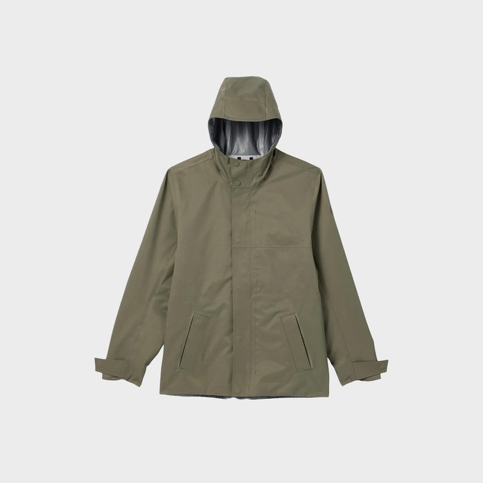 A green hooded raincoat is laid flat against a plain white background, showcasing its front pockets and buttoned closure.