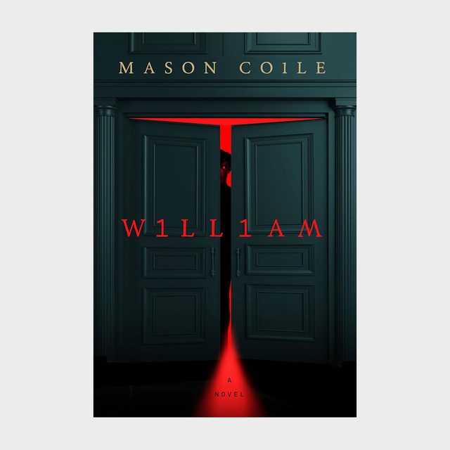 A dark door slightly opens with red light shining through; the text reads 